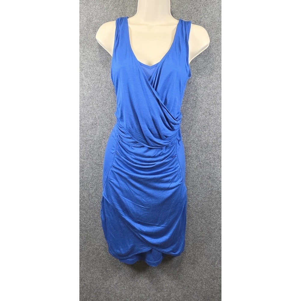 SuperTrash Dama Dress Women;s Blue Sleeveless Ruched Wrap V-Neck Jersey Mini LG